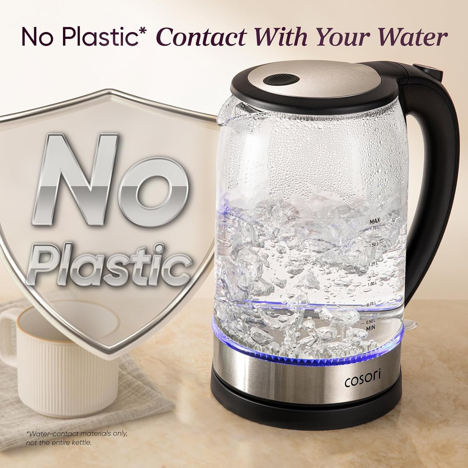 Borosilicate Glass Electric Kettle with Wide Mouth for Easy Cleaning, 1.7L Capacity, Auto Shut Off, 1500W, Black, No Plastic Contact with Water