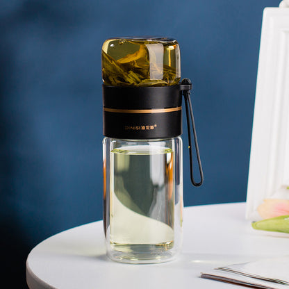 Premium Double Wall Glass Water Bottle with Tea Infuser and Leakproof Design