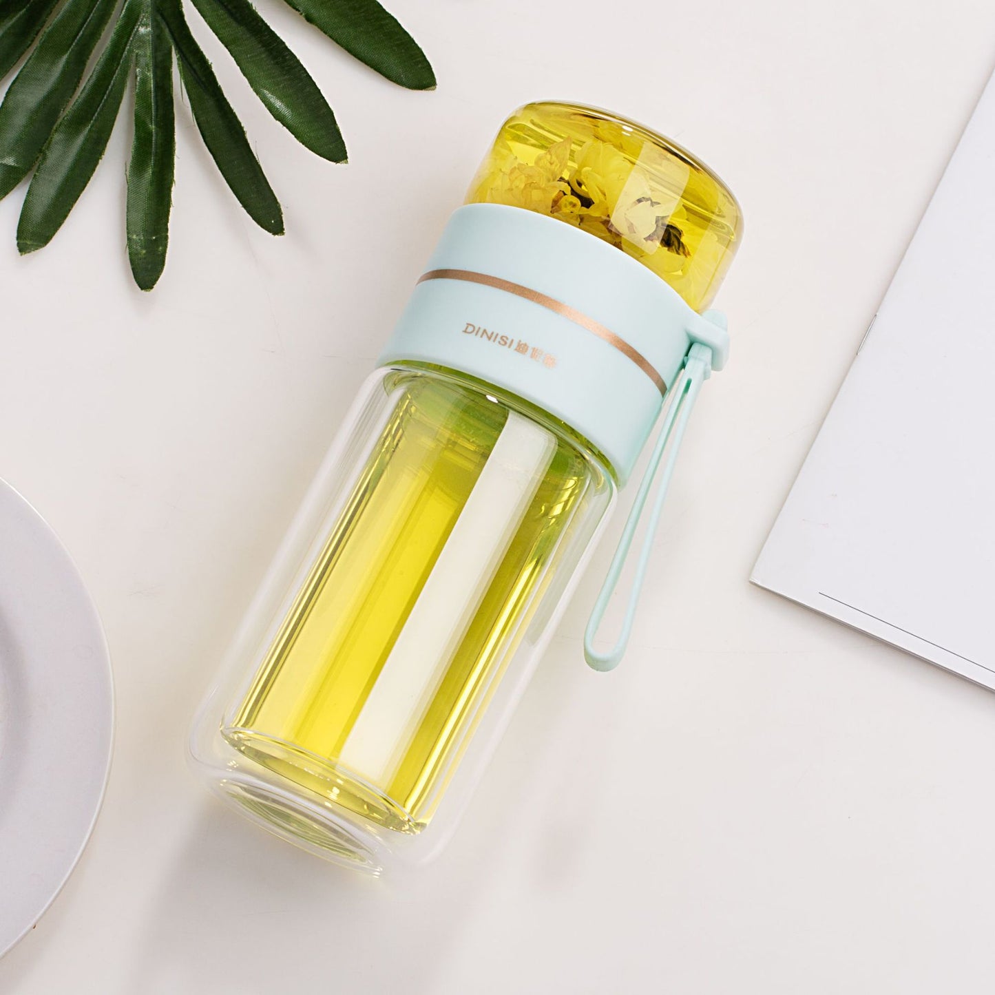 Premium Double Wall Glass Water Bottle with Tea Infuser and Leakproof Design