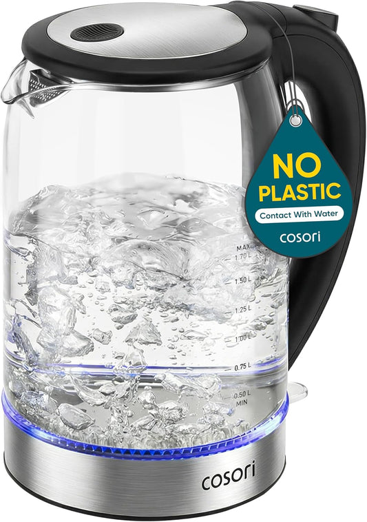 Borosilicate Glass Electric Kettle with Wide Mouth for Easy Cleaning, 1.7L Capacity, Auto Shut Off, 1500W, Black, No Plastic Contact with Water