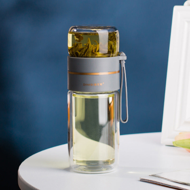 Premium Double Wall Glass Water Bottle with Tea Infuser and Leakproof Design