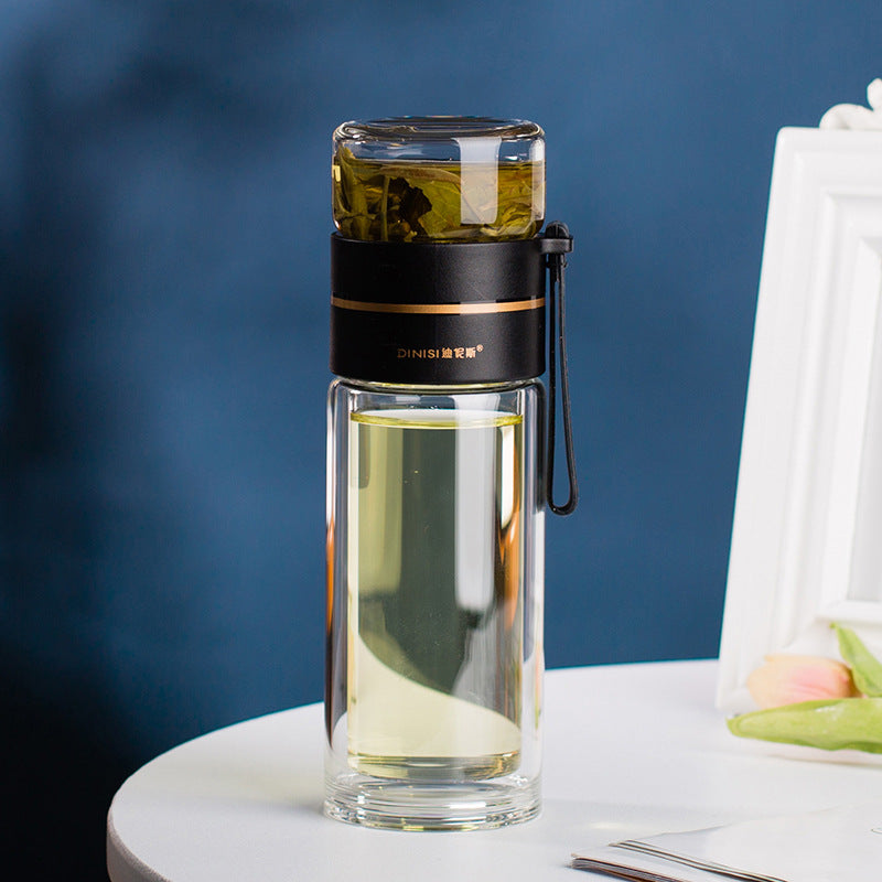 Premium Double Wall Glass Water Bottle with Tea Infuser and Leakproof Design