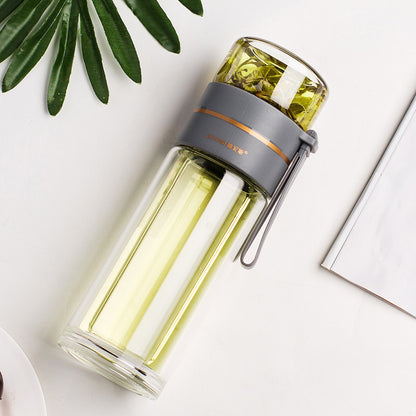 Premium Double Wall Glass Water Bottle with Tea Infuser and Leakproof Design