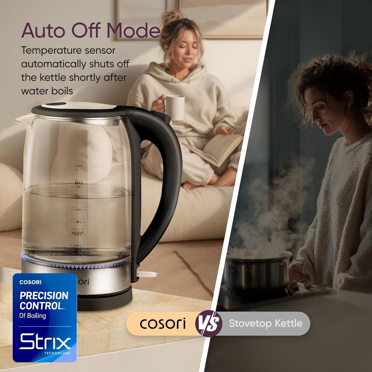 Borosilicate Glass Electric Kettle with Wide Mouth for Easy Cleaning, 1.7L Capacity, Auto Shut Off, 1500W, Black, No Plastic Contact with Water